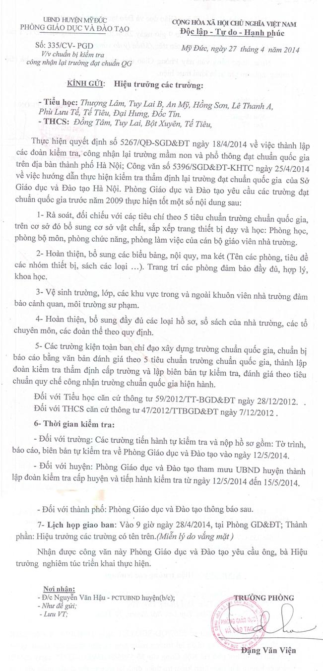 Công văn về chuẩn bị kiểm tra công nhận lại trường chuẩn Quốc gia