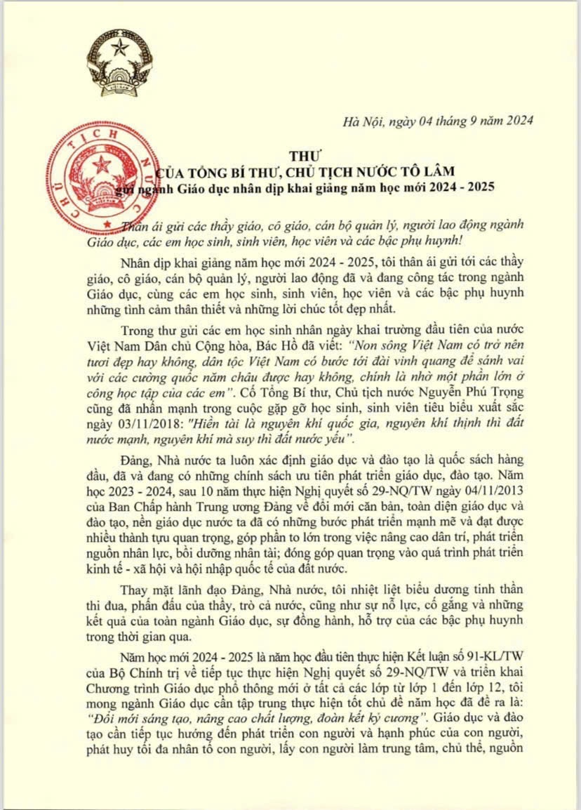 Thư của Tổng Bí thư, Chủ tịch nước gửi ngành Giáo dục nhân dịp Khai giảng năm học 2024-2025
